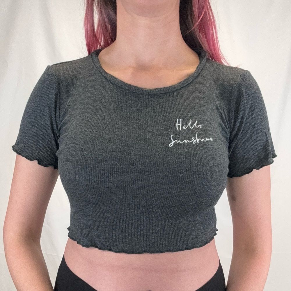 Sunday Stevens Hello Sunshine Ribbed Crop Tee Lettuce Hem Gray Women’s M